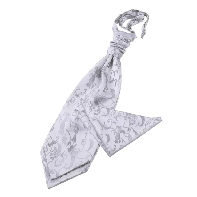 Silver Woven Floral Mens Wedding Pre-Tied Cravat Handkerchief Set by DQT