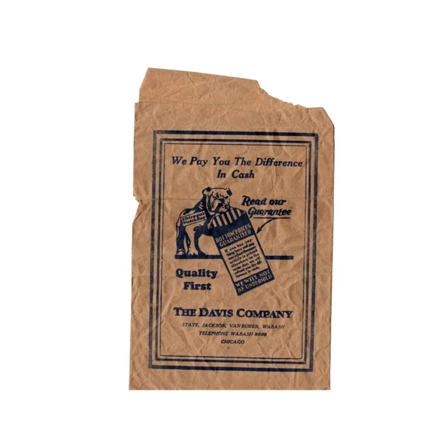 The Davis Company Chicago We Will Not Be Undersold Paper Bag Bull Dog Vintage