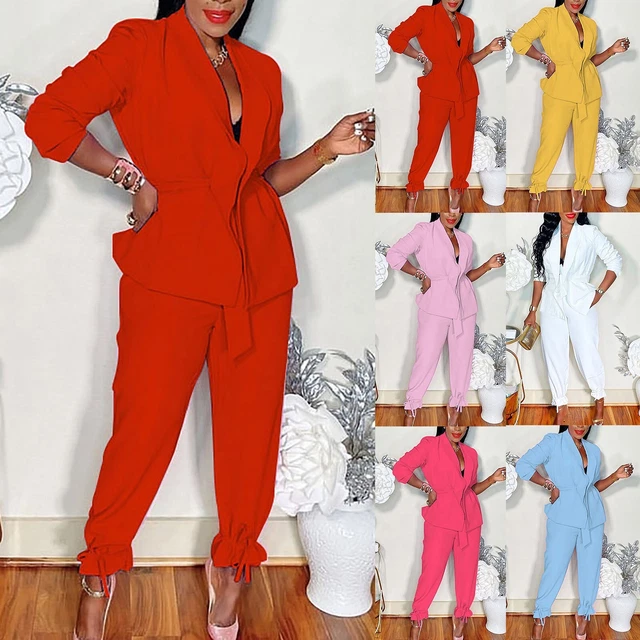 Women Blazer Suit Set Long Sleeve Tie Waist Jacket Coat With Pants Formal Suit