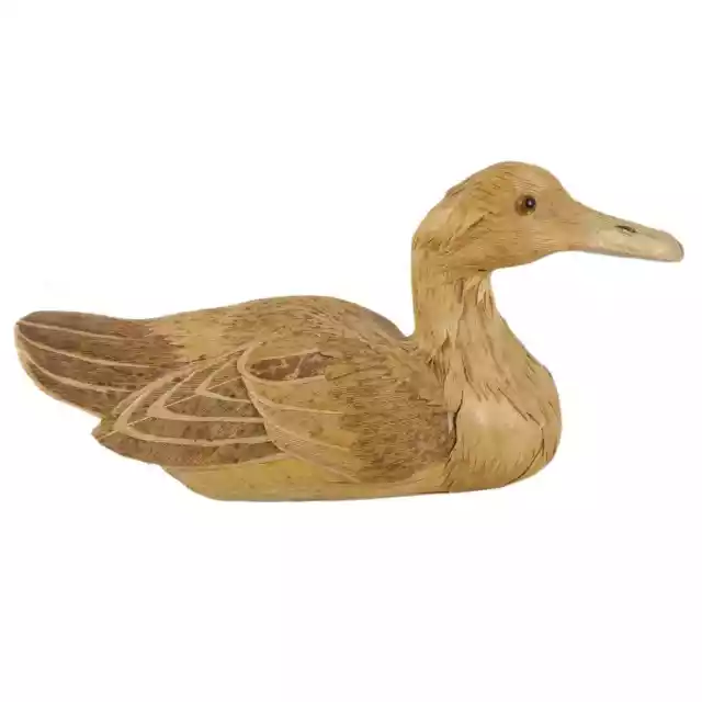 Vintage Folk Art Layered Corn Husk Wood Reed Decoy Duck, Glass Eyes Primitive