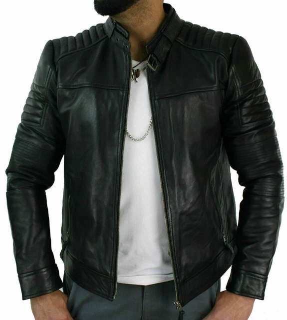 Uomo Puro Pelle Vera pelle D'Agnello Giacca Moto Moda Biker Giacca Trapuntata