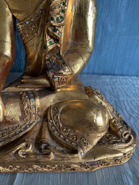 Alte Buddha Figur Holz Gold Blattvergoldung Spiegelplättchen H33 Mandalay Buddha 3