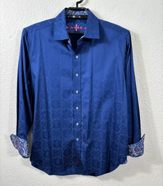 Robert Graham Mens Salisbury Damask Shirt L Button Up Long Sleeve Navy Classic