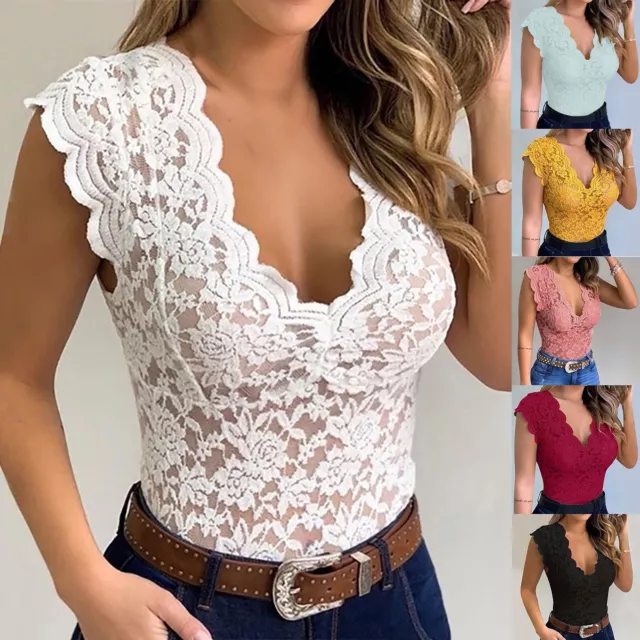 Womens Sexy Slim V-Neck Blouse Cami Ladies Sexy Lace Erotic Lingerie Tank Tops :