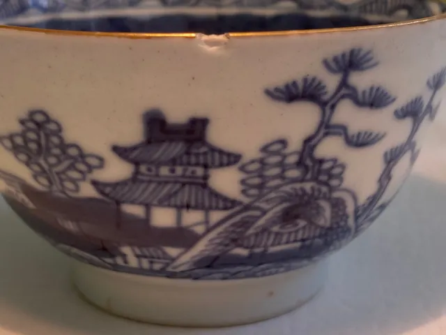 19th Century Porcelain Tea Bowl Ca 1810 Asian Motif in Blue over Lt. Blue Ground