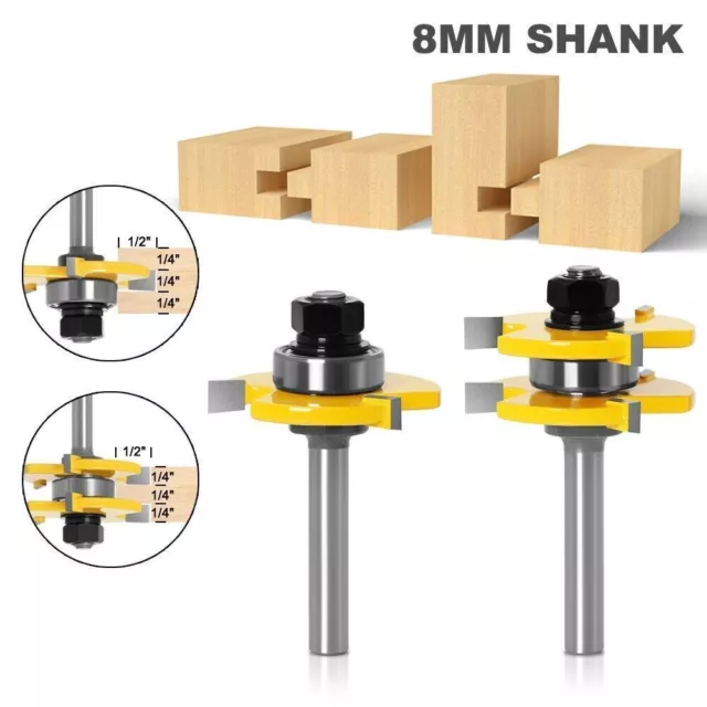 2Pcs 8mm Shank Tongue & Groove Router Bit Set 3 Teeth T-shape Wood Milling