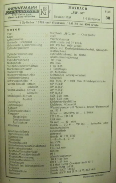 * Maybach SW38 SW 38 1937  Datenblatt Typenblatt Einstellwerte original