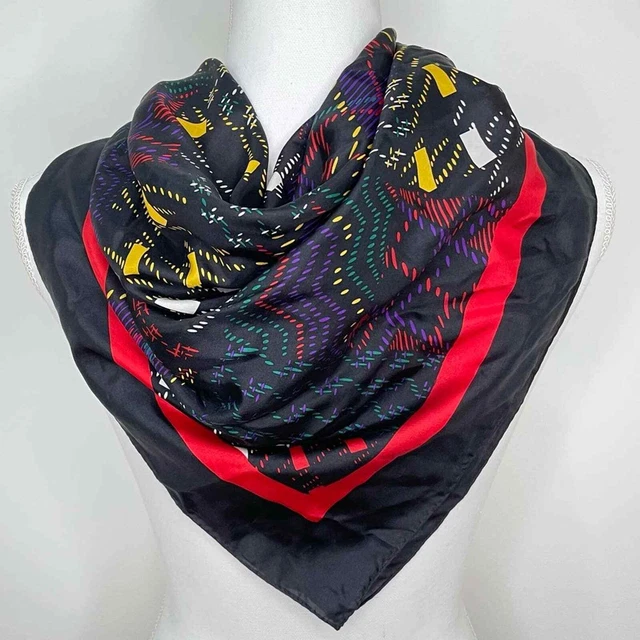 Vintage Christian Dior 100% Silk Black Multi Pattern Colorful Square Scarf