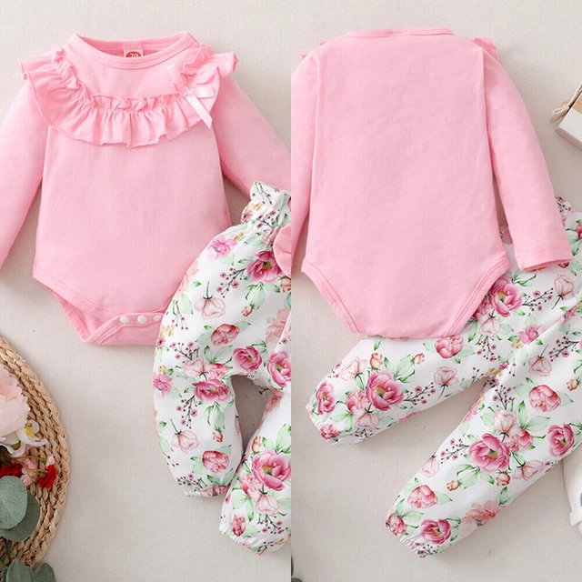 Newborn Baby Girls Clothes Ruffle Romper Bodysuit Tops Floral Pants Outfit Set 2