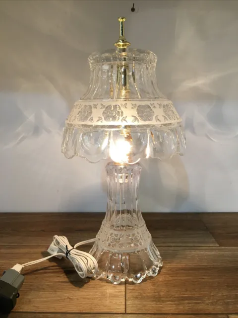 Vintage Clear Cut Crystal Glass Boudoir Parlor Table Lamp Floral Design 15”
