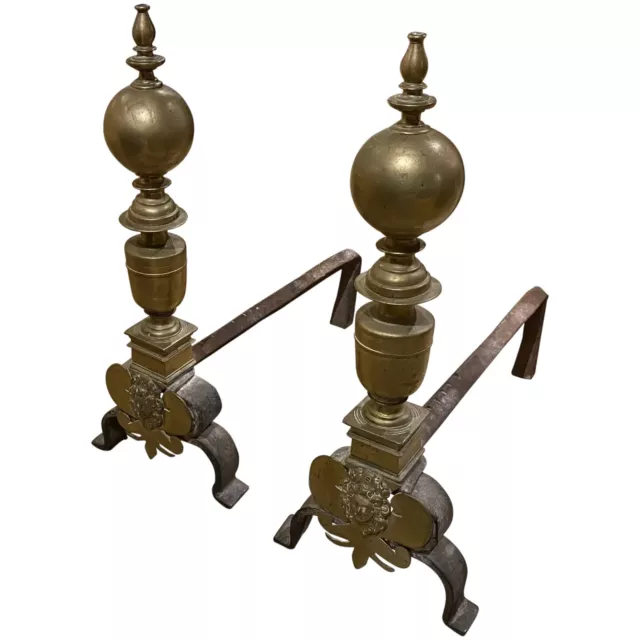 Pair of 19th Century Baroque Style Brass Andirons with Face Decoration