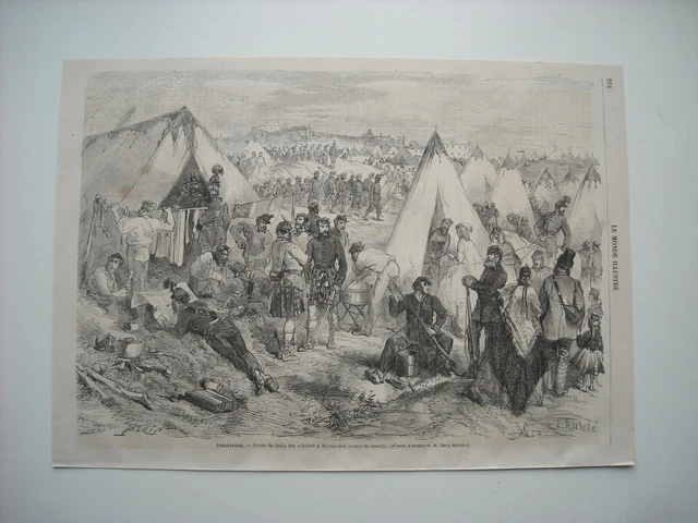 Gravure 1865. Angleterre. Levee Camp Des Riflemen, Wimbledon, Comte De Surrey...