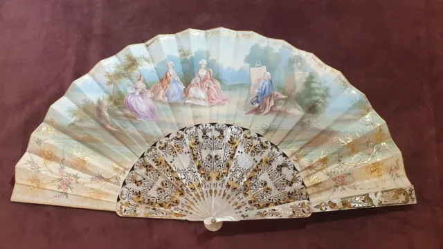 Eventail Ancien Nacre Gouache / Antique French Mother Of Pearl Fan, Hand Painted