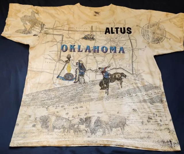 Vtg 90s Sneaky Tees Oklahoma Altus State Map AOP Single Stitch T Shirt Size XL