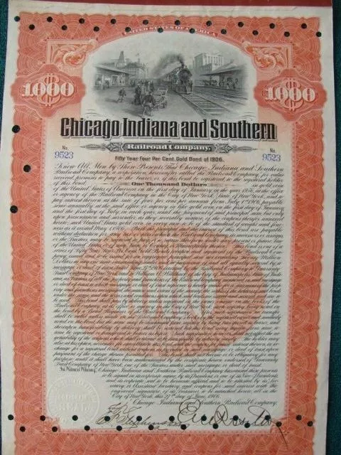 CHICAGO INDIANA & SOUTHERN Railroad Stock Certificate RR Vintage Railway Train