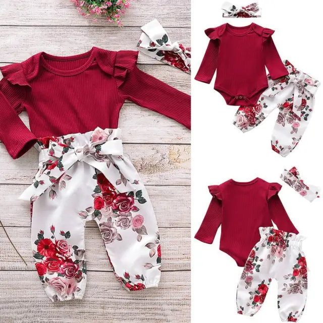 Newborn Baby Girls Clothes Romper Tops Floral Pants Headband Outfits 3PCS Set US