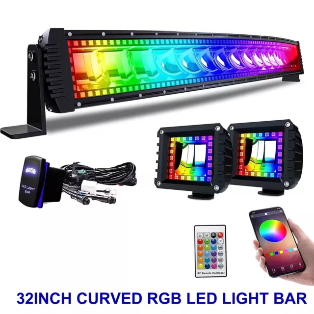 32 Inch LED Light Bar 180W Spot Flood Curved Off Road Driving Colors Chasing RGB