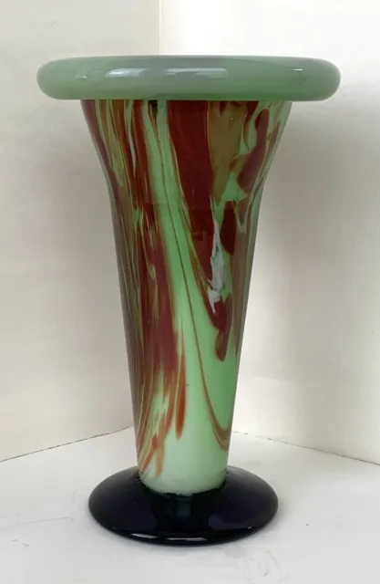 Green Red White Swirl Hand Blown Layered Art Glass Vase. 8.8” Cobalt Blue Foot
