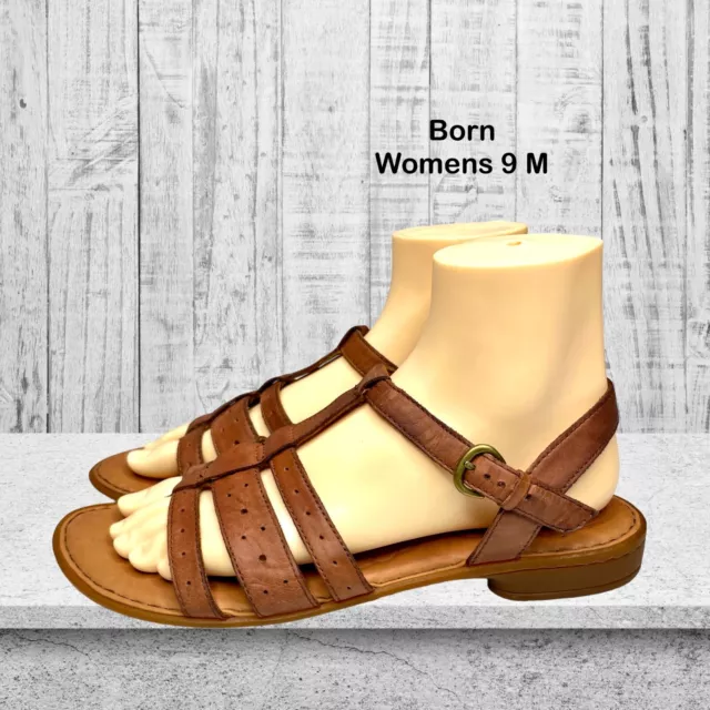 Born Womens Brown Leather T-strap Slingback Flat Summer Sandal Size 9 M EUC