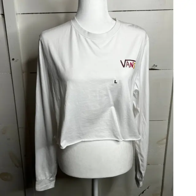 Vans Off The Wall White Cropped Long Sleeve T-Shirt Women's Size Large NEW!