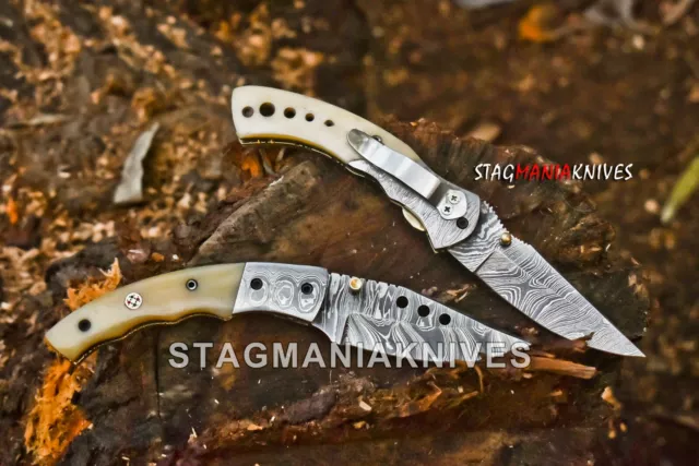 Hand Forged Damascus Steel Hunting Pocket Folding Knife Camel Bone Handle 2 PCS