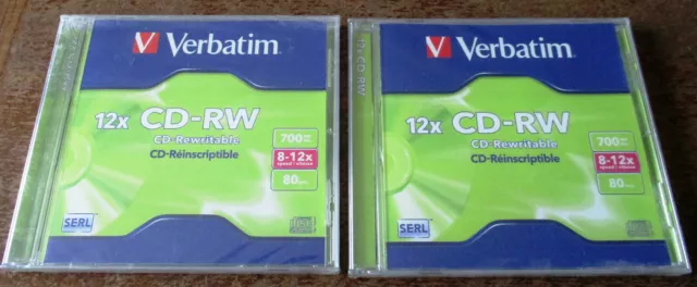 Verbatim : Lot De 2 Cd-Rw, 700 Mb, Cd Reinscriptible, Neuf