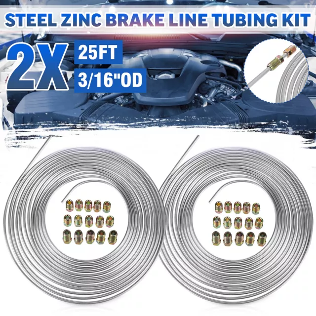 2x Zinc Steel Brake Line Tubing Pipe 3/16'' 25 Foot Coil Roll 30pcs Fittings Nut