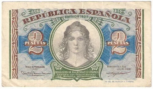 Francoist Spain banknote - 2 pesetas - year 1938 - woman & Toledo Bridge
