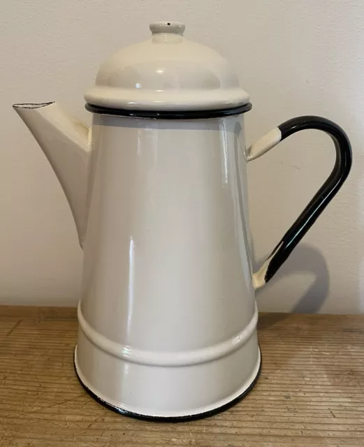 VINTAGE Cream ENAMEL WARE Black Trim COFFEE POT Country Kitchen Campervan Rustic