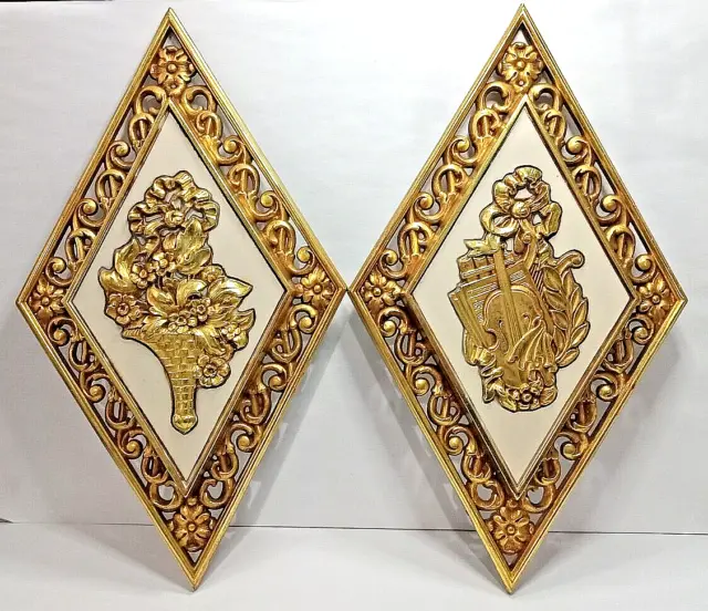 Set of 2 Dart Ind Gold Diamond 3D Wall Art Violin Floral USA 13 3/4" tall