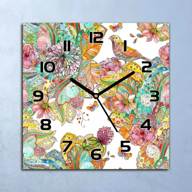 Horloge Murale Design En Verre Coloré Mandala Style oiseaux feuilles 30x30