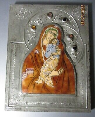 Vintage Orthodox Religious ICON Hand Painted Mother of God Silver Plated Enamel