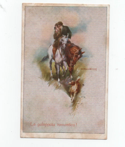 Cartolina Illustratore Santini Anni 20 "La Galoppata Romantica !" Cavalli E Cane