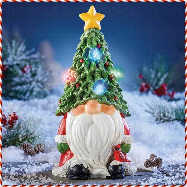 Solar Santa Claus Gnome with Christmas Tree Hat Garden Statue Outdoor Yard Decor