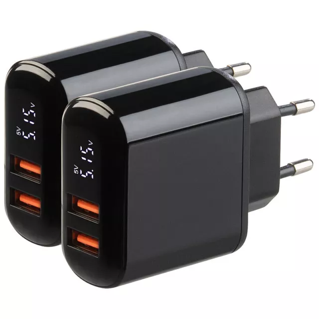 revolt 2er-Set 2-Port-USB-Netzteile, 2x USB-A, QC & Display, 18W, schwarz