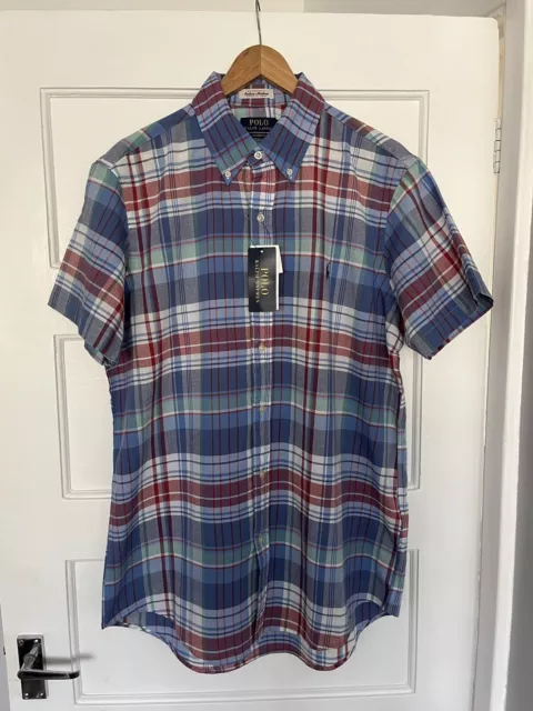 Ralph Lauren Mens Medium Custom Fit Checked Short Sleeve Oxford Shirt BNWT