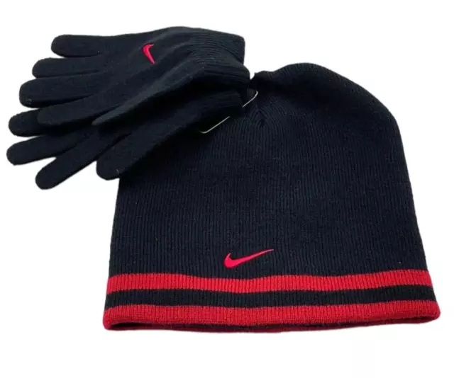 Nike Youth Boys Reversible Winter Black & Red Hat Beanie and Gloves 2 Piece Set