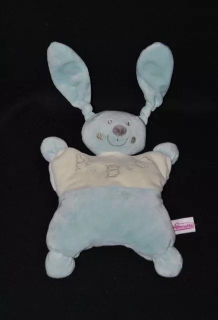 Doudou peluche lapin semi plat POMMETTE bleu blanc crème ABC 25/35 cm TTBE