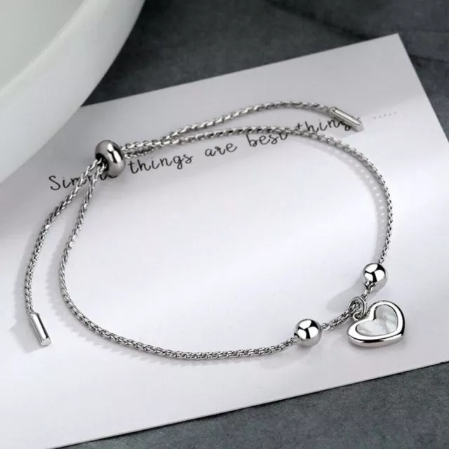 Solid Sterling Silver 925 Heart Charm Bracelet Bangle Women Gift with Box