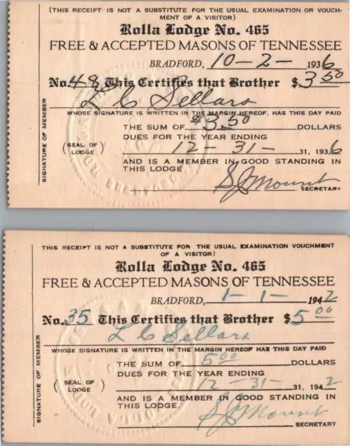 Two Vintage 1936 & 1942 Embossed Masonic Lodge Membership Cards Tennessee