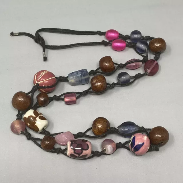 VTG Boho Necklace Pink Porcelain Purple Glass Beads Hand Painted Flower Wood 29"