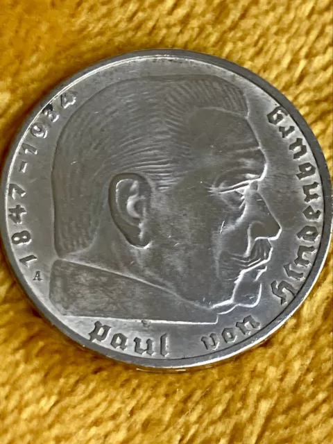 2 Reichsmark # 1938 # A # Paul von Hindenburg # 625 er Silbermünze #