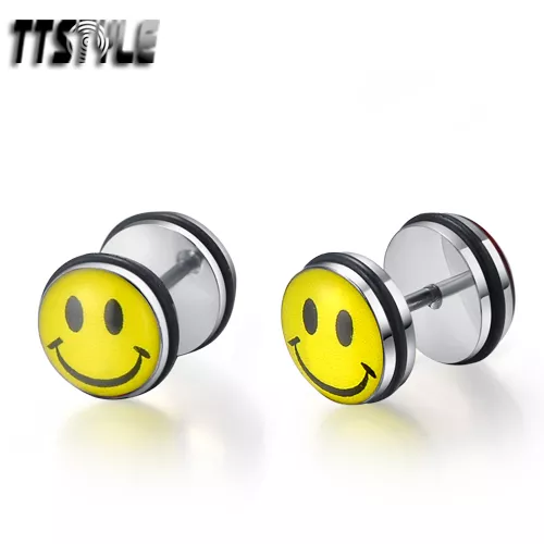 TTstyle 10mm Clear Epoxy Smileface Stainless Steel Fake Ear Plug Earrings A Pair