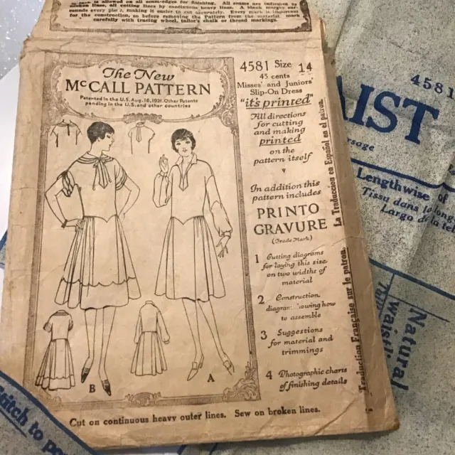 Antique McCall Sewing pattern 1921 Misses  Slip On House dress size 14.   # 4581