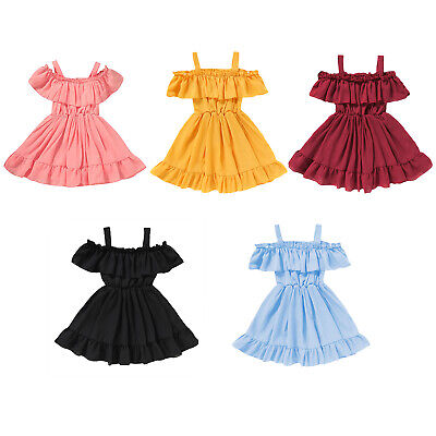 Toddler Baby Girls Summer Dress Clothes Off-Shoulder Ruffled Swing Skirt Casual