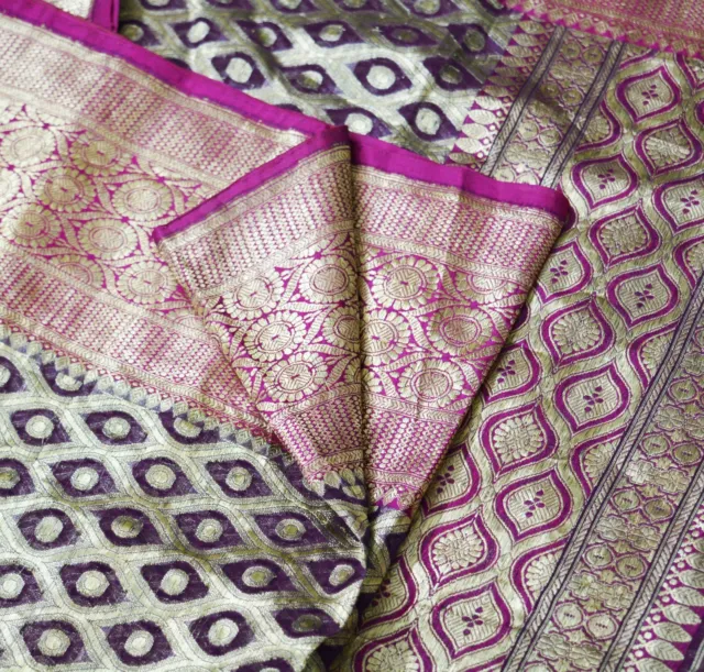 Vintage Heavy Saree Pure Organza Silk Woven Banarasi Brocade Indian Sari 5yd