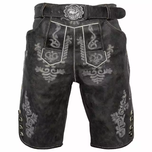 Trachtenlederhose Lederhose Kurzhose Trachtenhose mit Gürtel Grau Antik - 796N