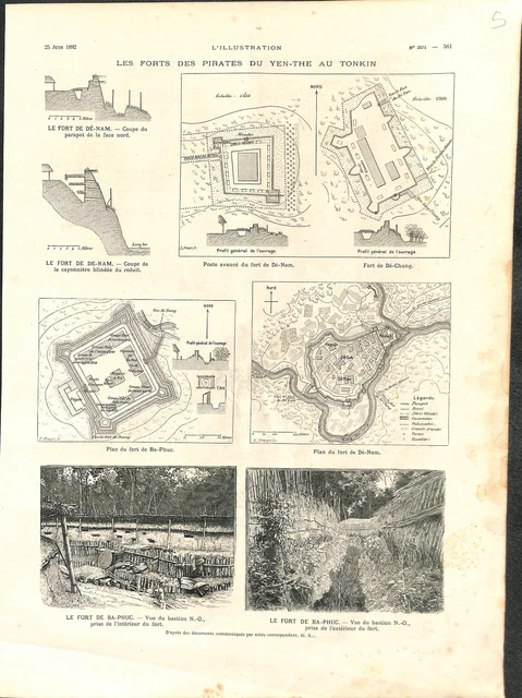 Forts des pirates du Yen-the au Tonkin Viêt Nam Indochine Asie GRAVURE 1892