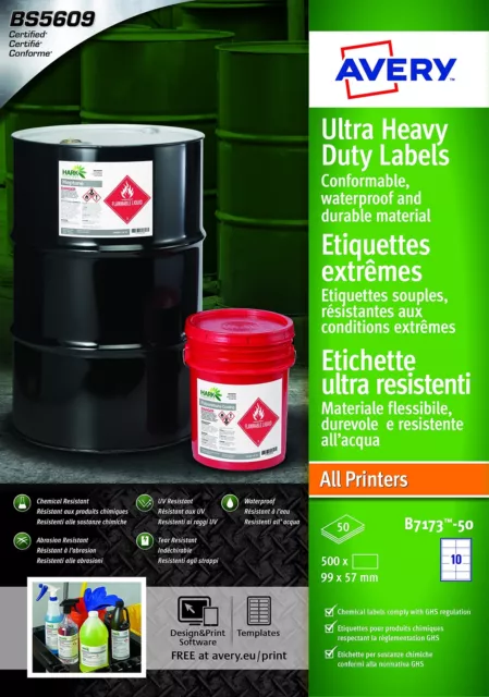 Avery B7173-50 Extra Strong Adhesive, Ultra Heavy Duty Industrial Waterproof GHS 2