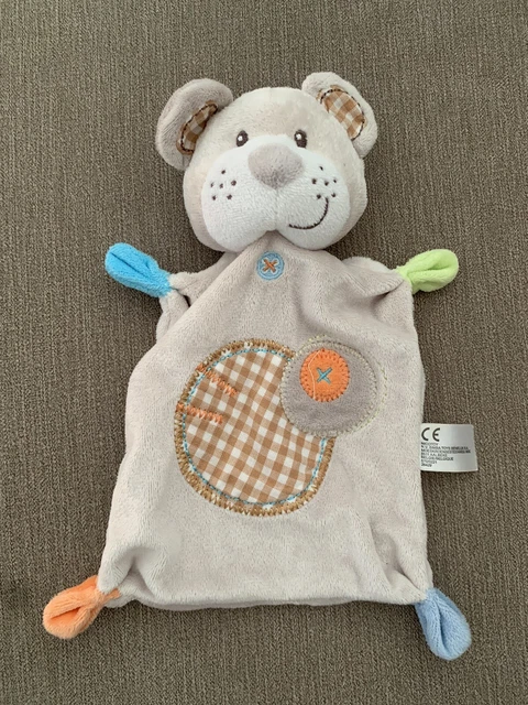 Doudou plat Ours marron beige orange ronds cercles vichy croix Nicotoy TBE